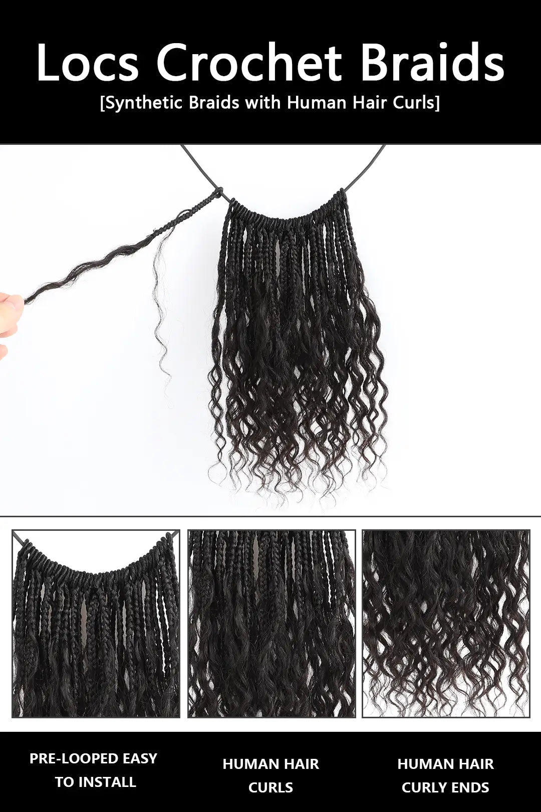 10 Inch Short Boho Bob Crochet Box Braids with Human Hair Curls BB01