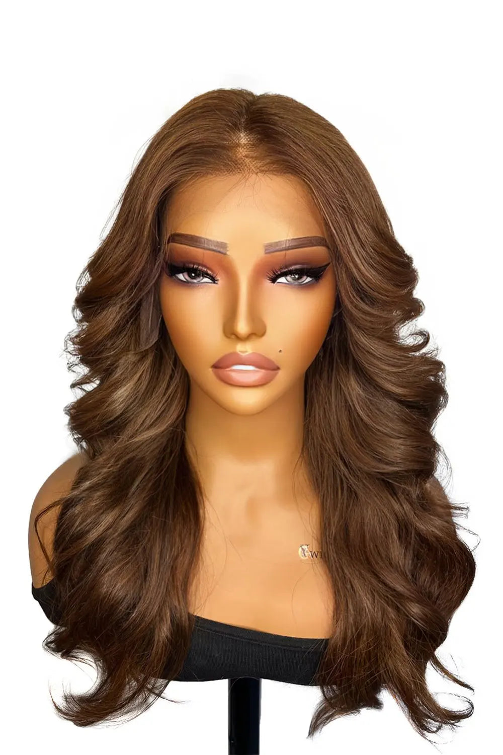 Front view of beautiful model with brown curly hair