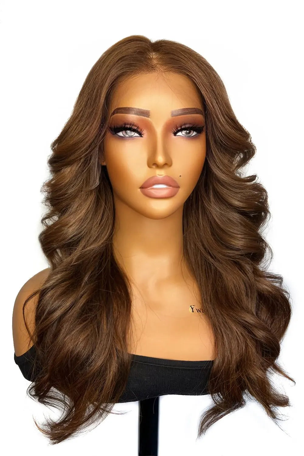 Front view of beautiful model with brown curly hair