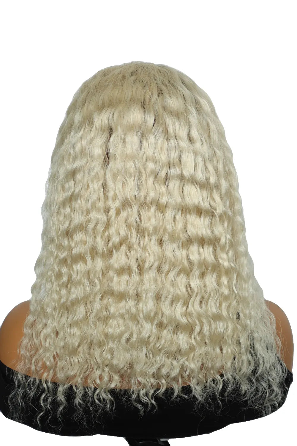 Rear view of model with short blonde wavy hair