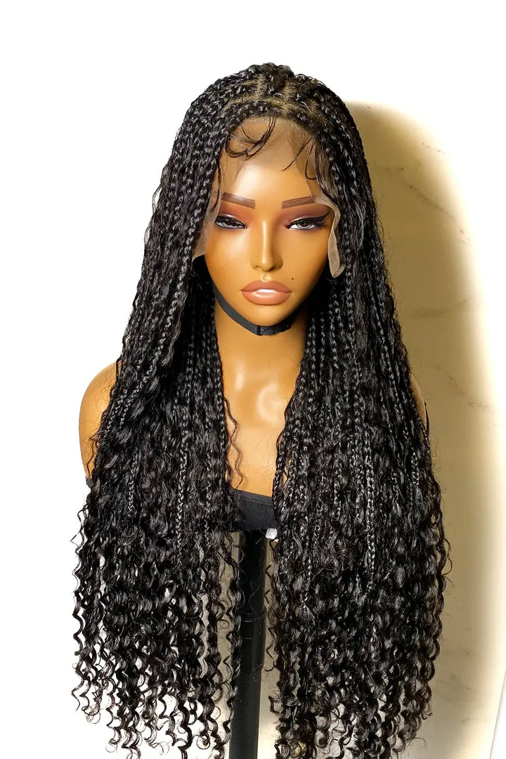 Pérruques tresses box braids bohèmes en 100% cheveux humains avec dentelle HD transparente intégrale.