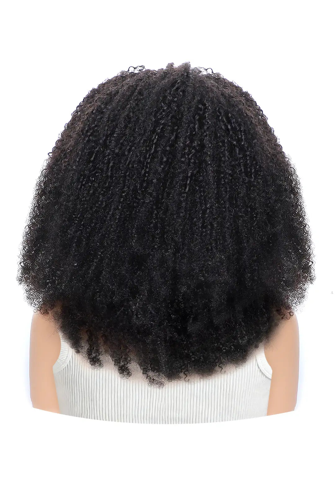 Back view of afro kinky curly half wig flexible fit drawstring human hair seamless wig