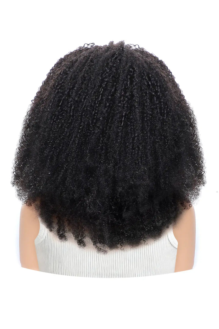 Back view of afro kinky curly half wig flexible fit drawstring human hair seamless wig
