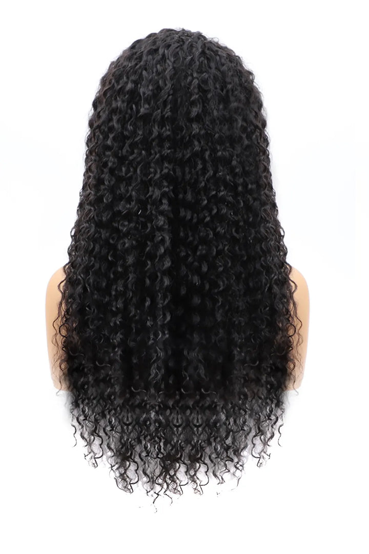 Back view of water wave half wig flexible fit drawstring human hair seamless wig