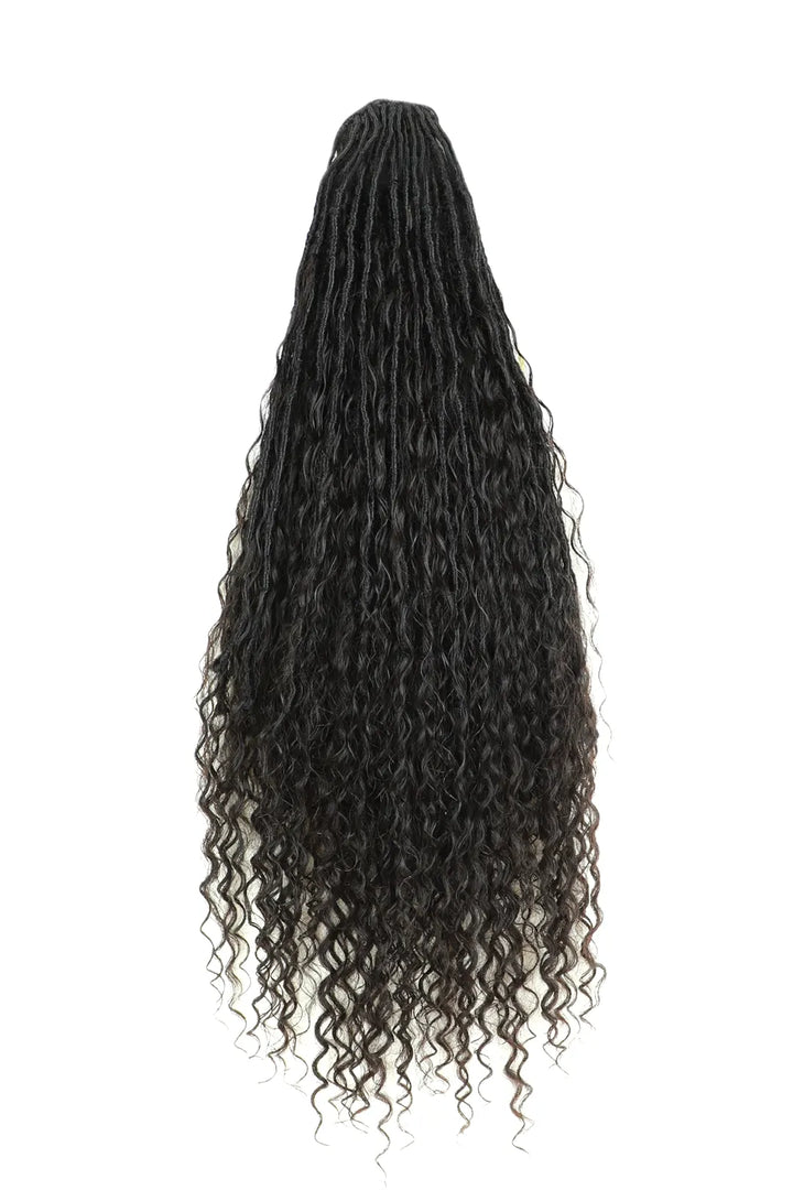 Braid Ponytail Faux Locs Braids with Human Hair Curls Drawstring
