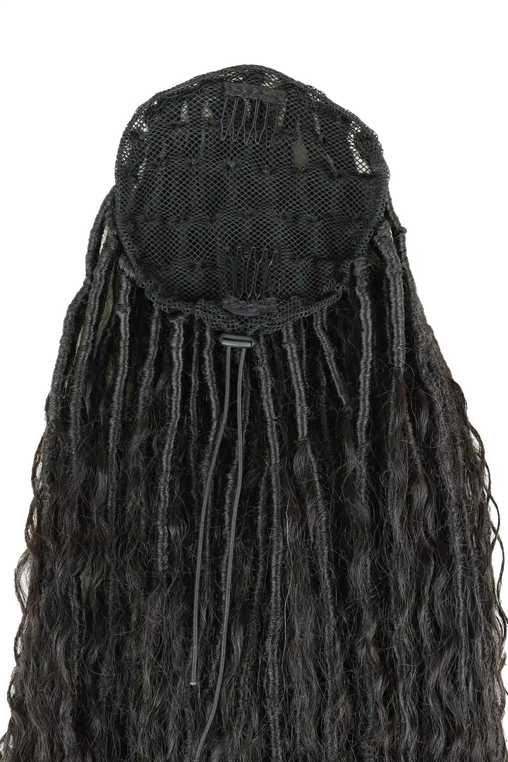 Braid Ponytail Faux Locs Braids with Human Hair Curls Drawstring 4