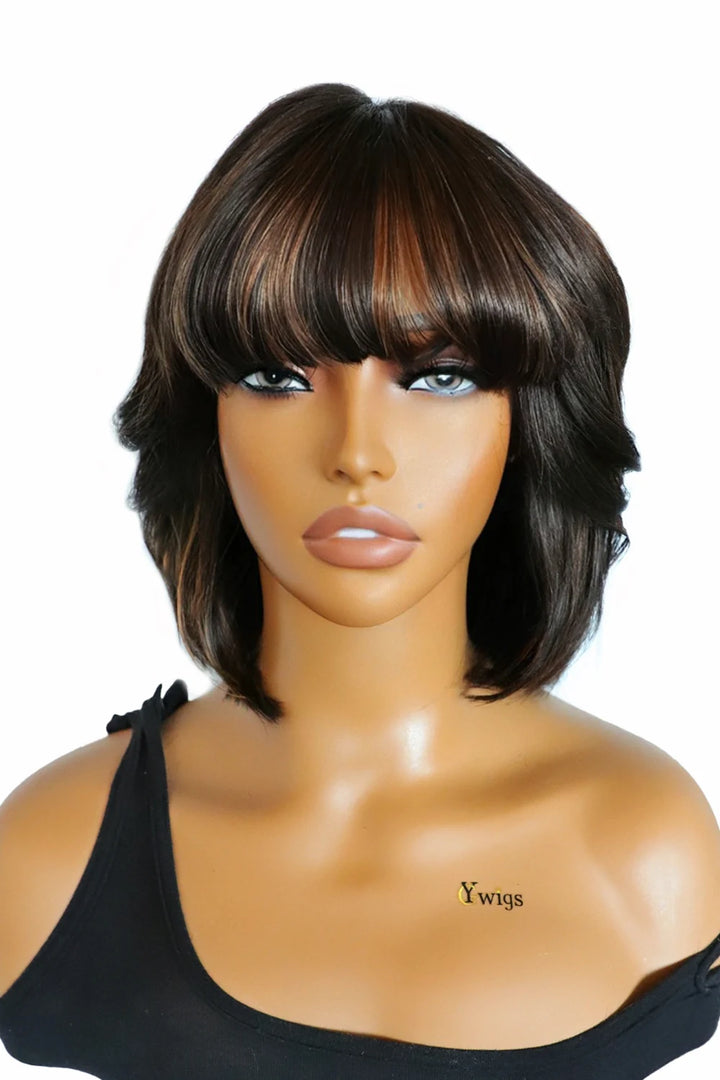 Brown Highlights, Medium Bob With Bangs Model