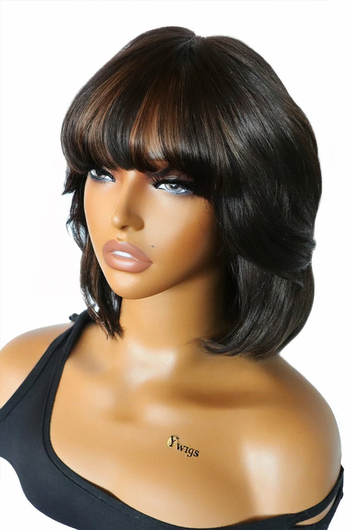 Brown Highlights, Medium Bob With Bangs Model