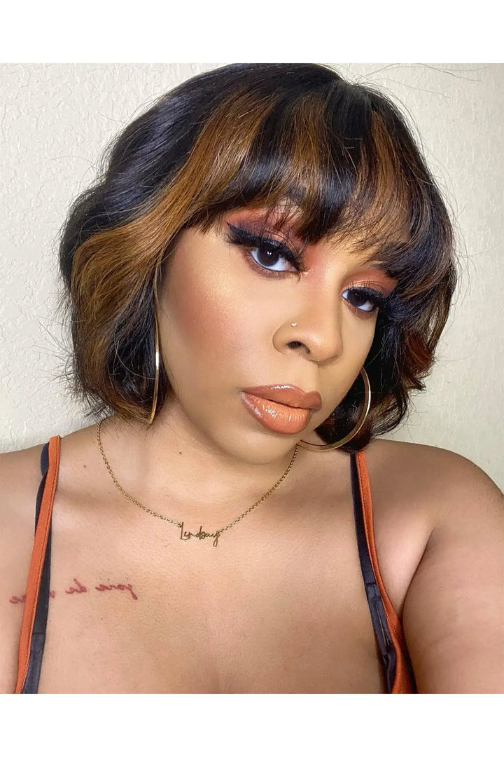 brown highlights medium bob with bangs beautiful model