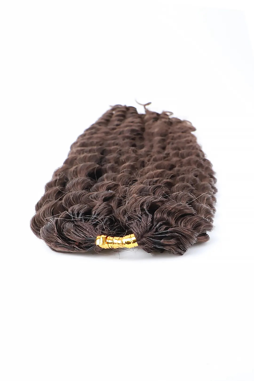 Detail of the ends of dark brown water wave feather crochet human hair extension fe35 60g