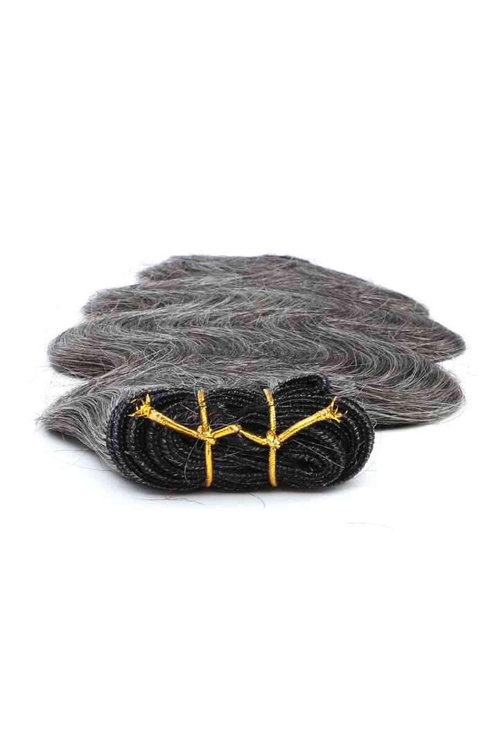 Detail of the ends of natural grey hair salt and pepper cambodia virgin human hair bundles