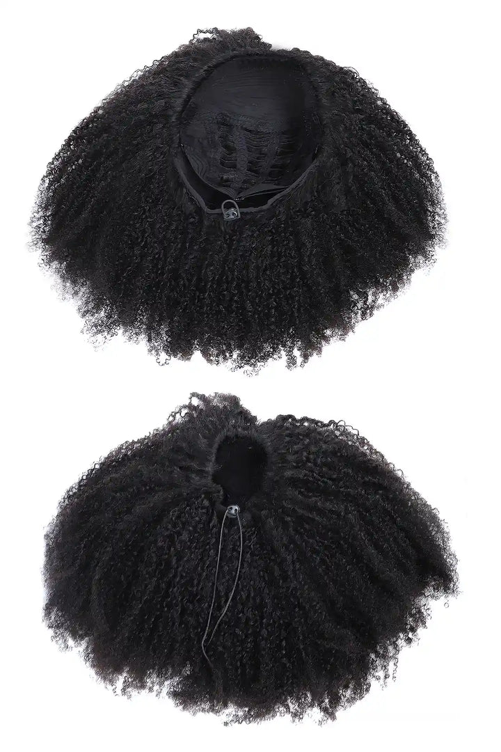 Display image of afro kinky curly half wig flexible fit drawstring human hair seamless wig
