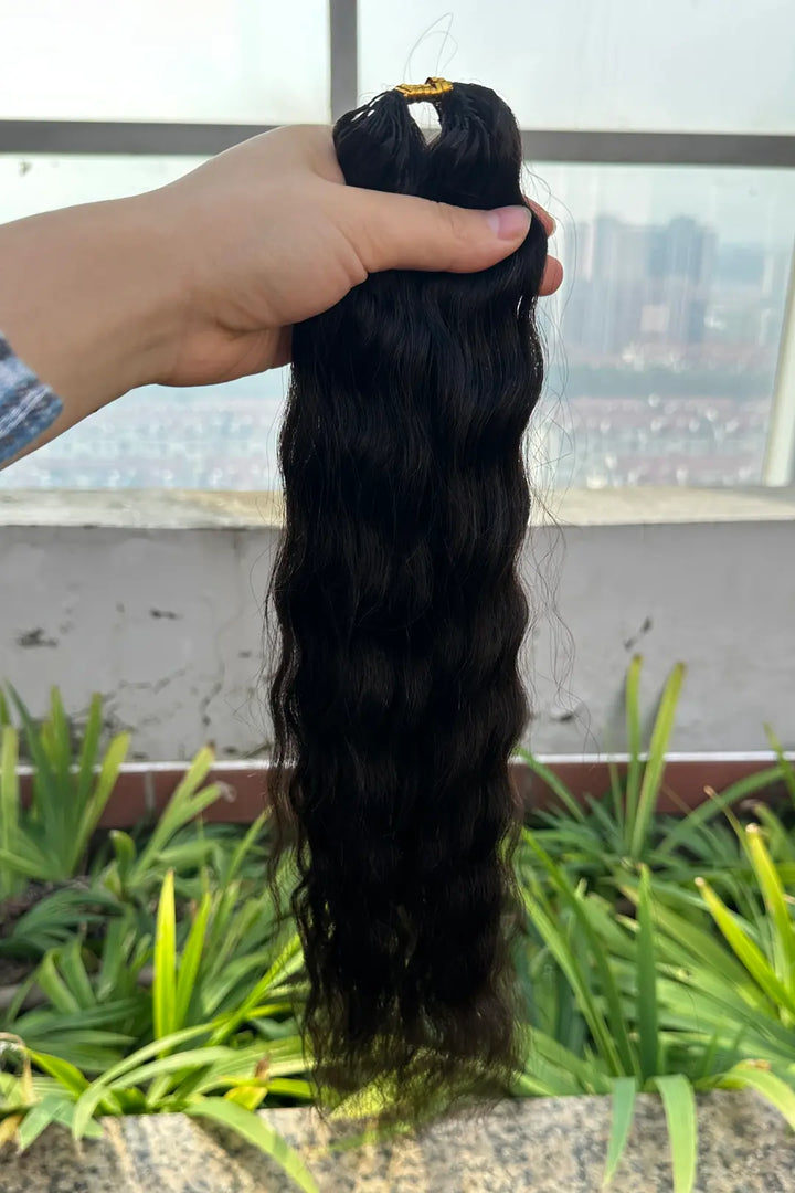 Outdoor picture of feather crochet hair extension wet and wavy human hair fe26 60g