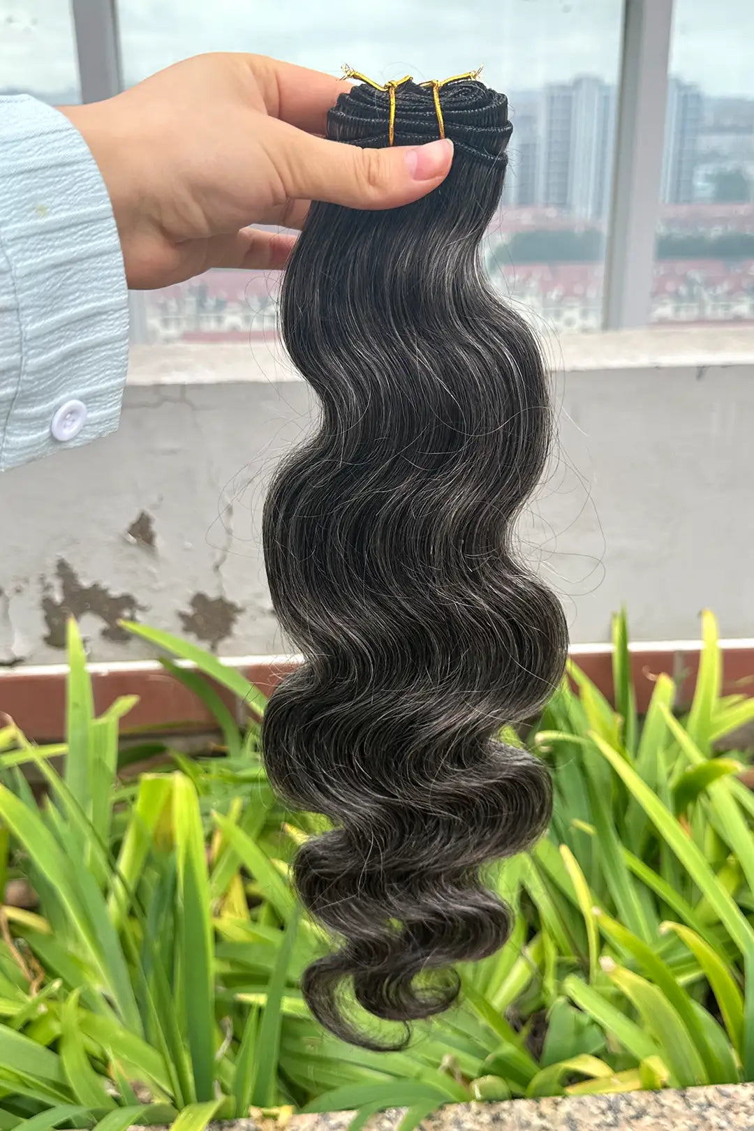 Outdoor picture of natural grey hair salt and pepper cambodia virgin human hair bundles