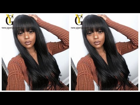 Peluca negra recta de encaje HD sin pegamento 13x6 con flequillo-HD58