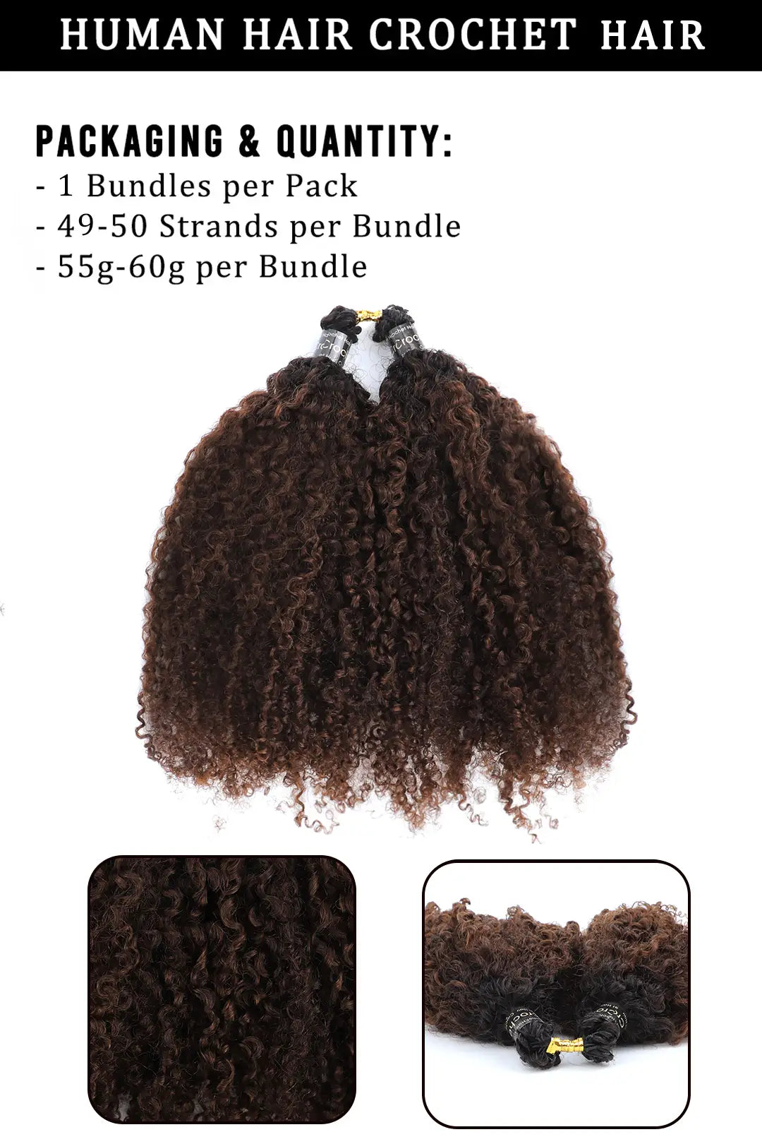 Product description picture of  1b/4 two tone color tight curly feather crochet human hair