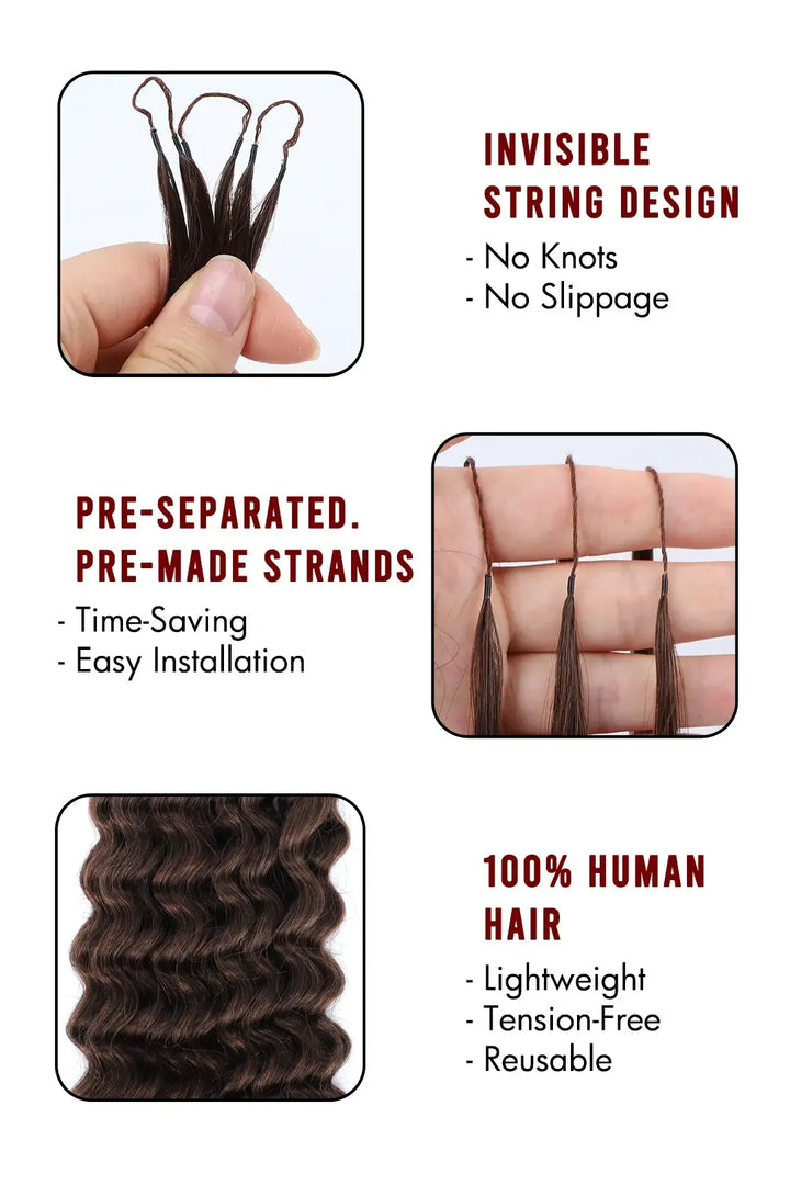 Product description picture of dark brown water wave feather crochet human hair extension fe35 60g