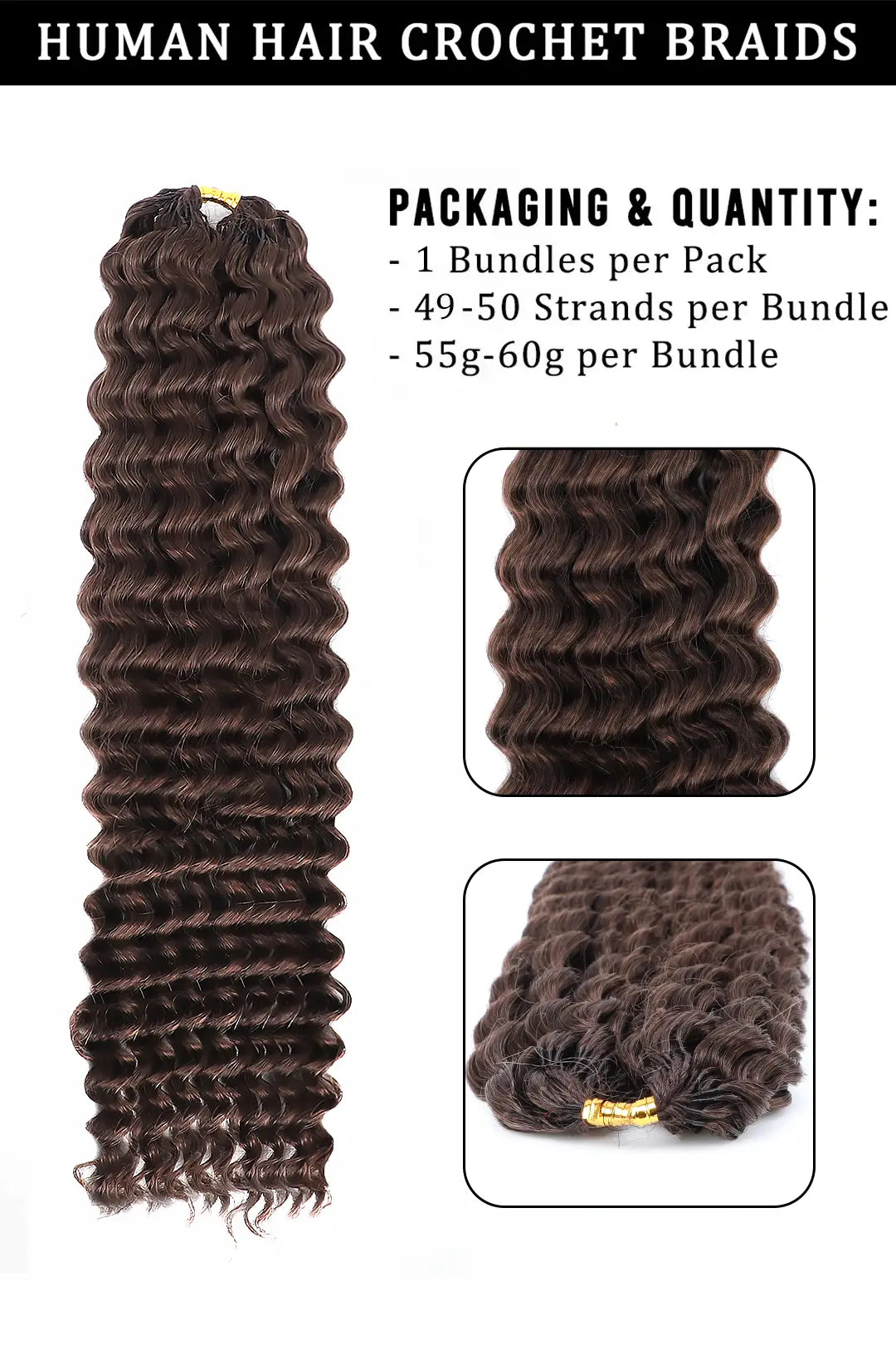 Product description picture of dark brown water wave feather crochet human hair extension fe35 60g