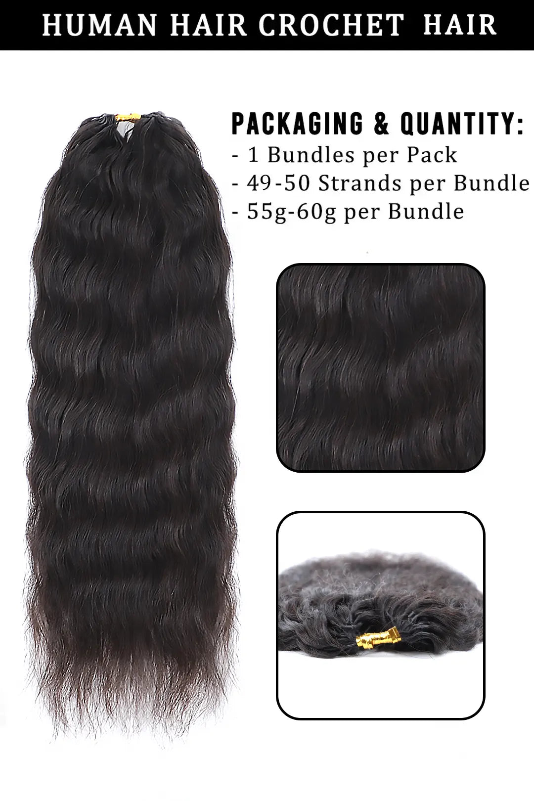 Product description picture of feather crochet hair extension wet and wavy human hair fe26 60g