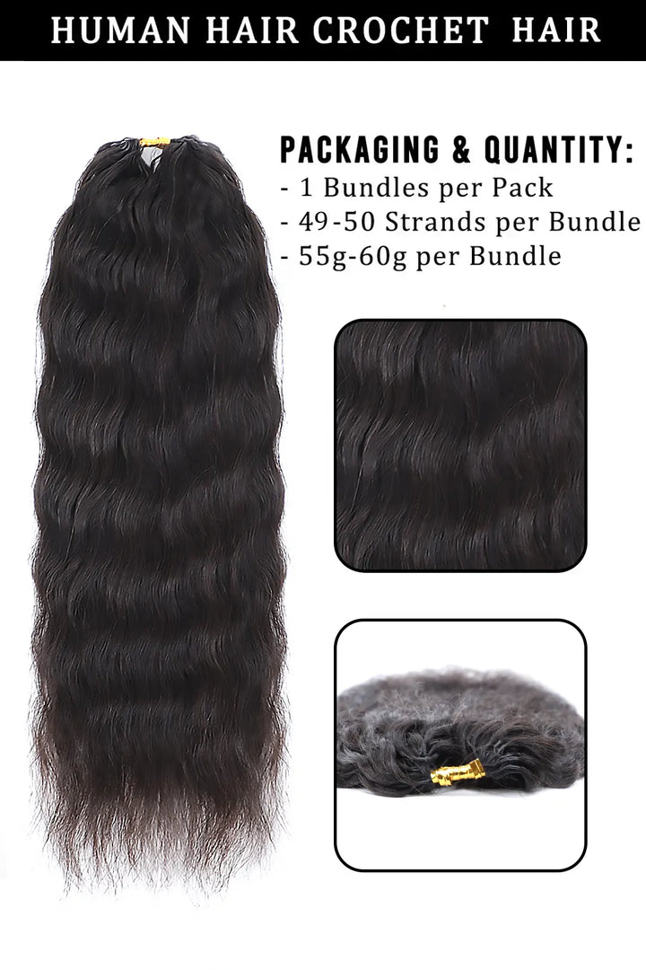 Product description picture of feather crochet hair extension wet and wavy human hair fe26 60g