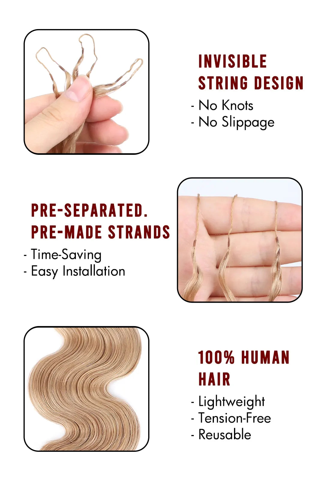 Product description picture of strawberry blonde  27 body wave feather crochet human hair 60g 1