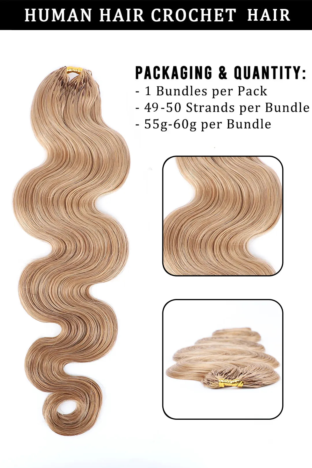 Product description picture of strawberry blonde  27 body wave feather crochet human hair 60g