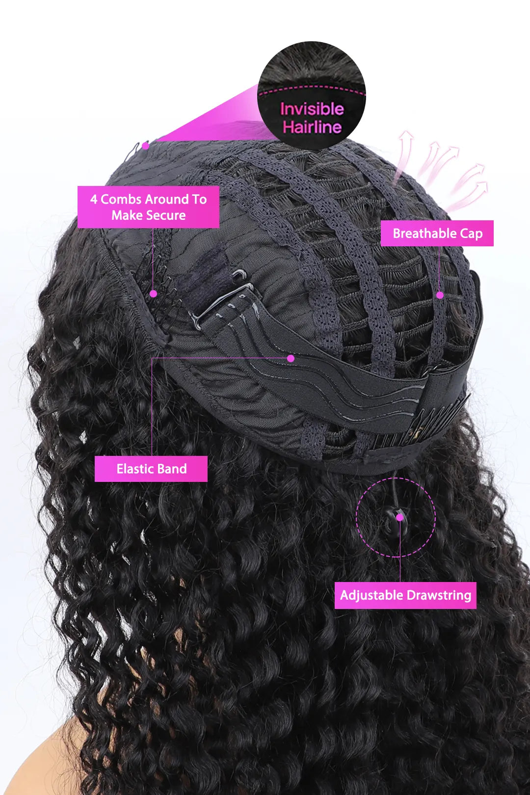 Product description picture of water wave half wig flexible fit drawstring human hair seamless wig