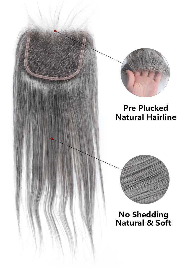 Salt and Pepper 5x5 HD Lace Closure Straight Human Hair 85% Gray 2