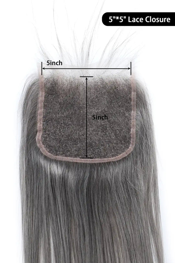 Salt and Pepper 5x5 HD Lace Closure Straight Human Hair 85% Gray 3