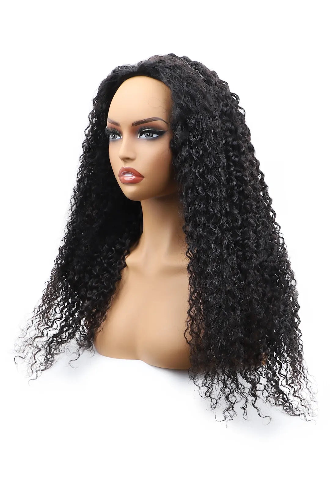 Side view of water wave half wig flexible fit drawstring human hair seamless wig