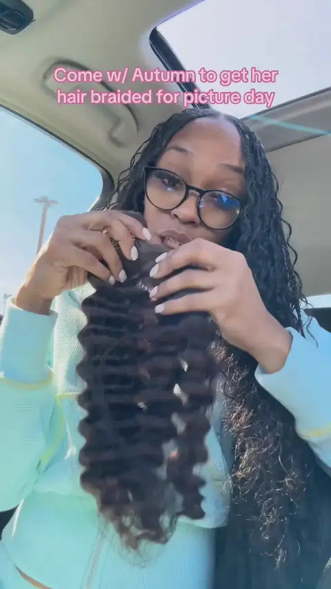 Tiktok influencer girlthatskayliegh shows the braiding process of double-drawn deep-wave bulk human hair
