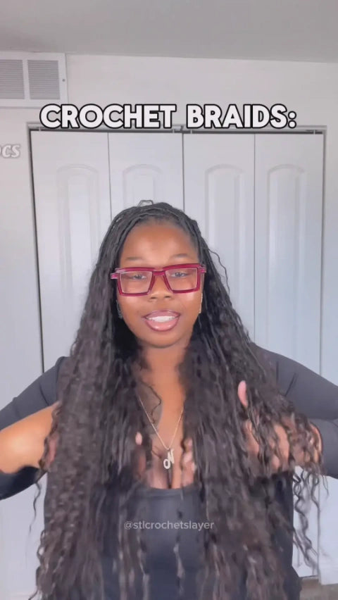 Tiktok influencer nauda370 showing the braiding process of Crochet Faux Locs Braids with Human Hair Curls Deep Wave Pre-Looped