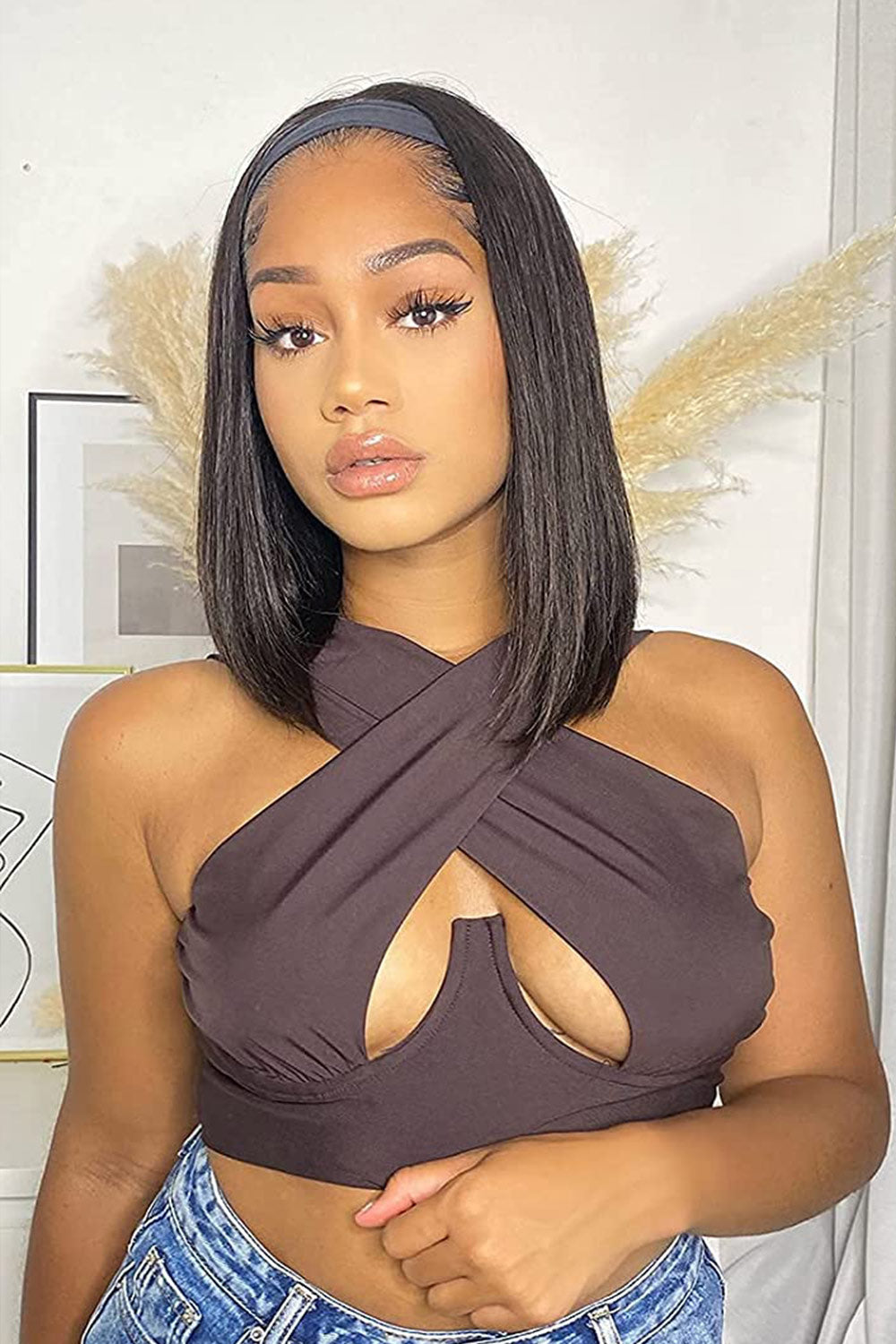 Estilos de peluca con diadema de cabello humano Yaki Straight Bob