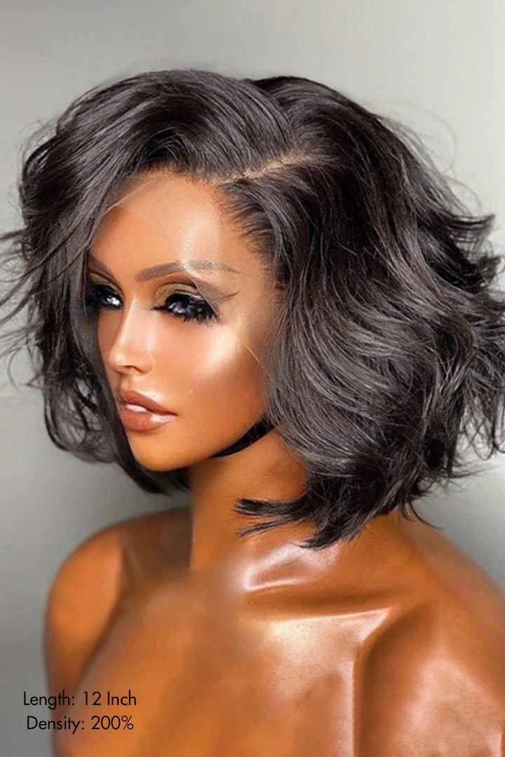 Black Beach Wave Bob Wig 13x6 Glueless HD Lace Fake Scalp