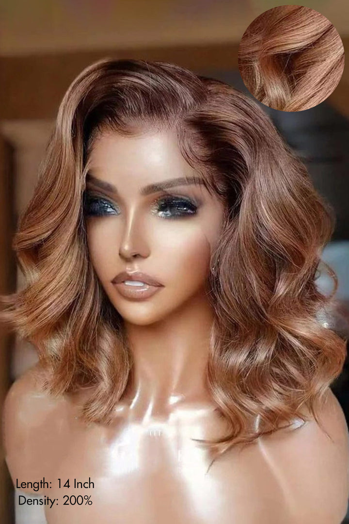 Glueless HD Lace Wig Light Brown Red Side Part Wave 14 inch Bob