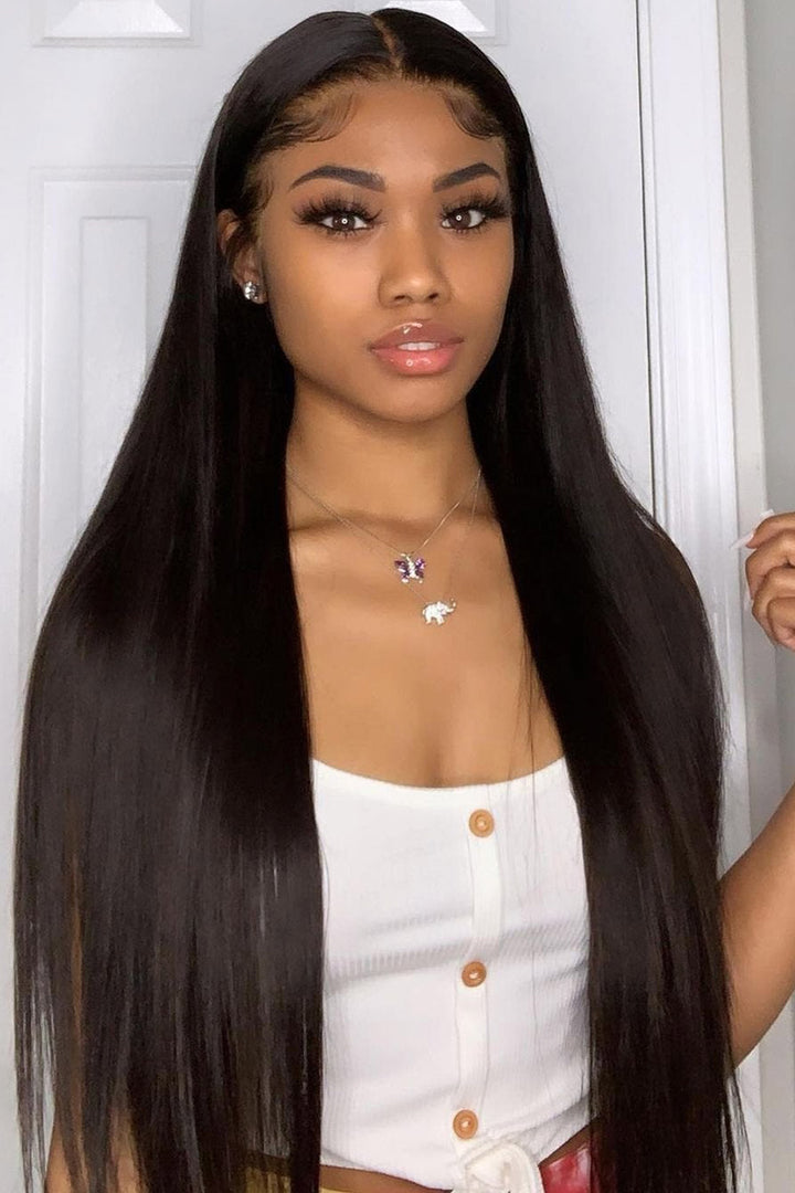 360 HD transparent glueless Lace Wigs virgin hair long black Straight -8