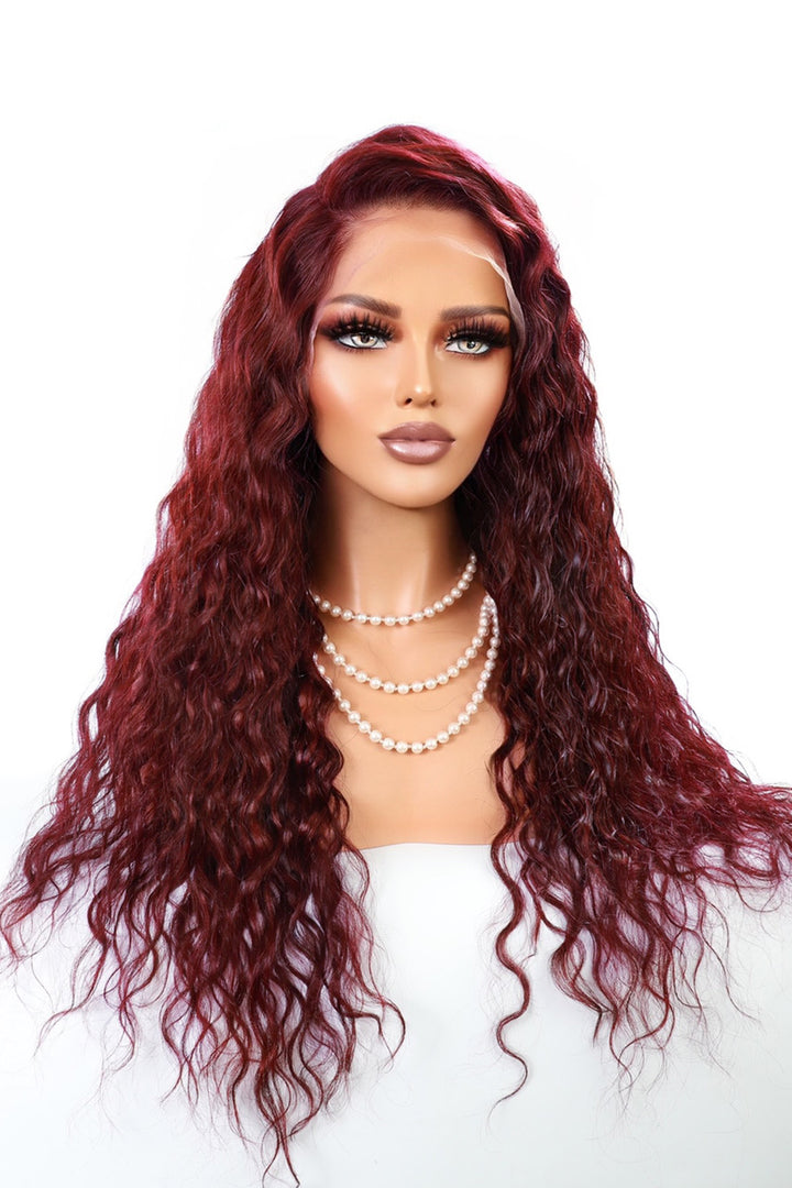 Pelucas frontales de encaje completo 13x4 pelo ondulado 99J color Borgoña