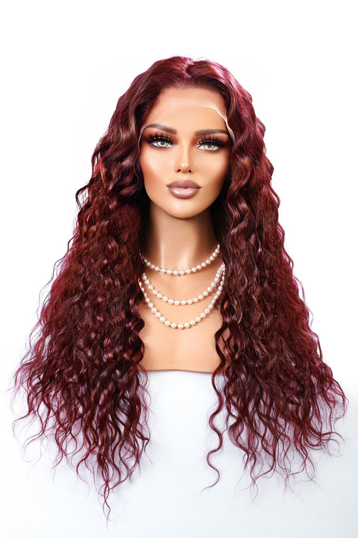 Pelucas frontales de encaje completo 13x4 pelo ondulado 99J color Borgoña