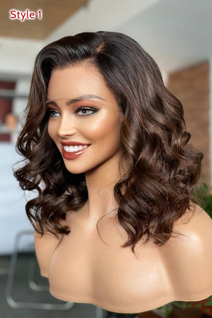 Glueless 13x6 HD Lace Wig14 Inch Bob Ombre Brown Wave Fake Scalp