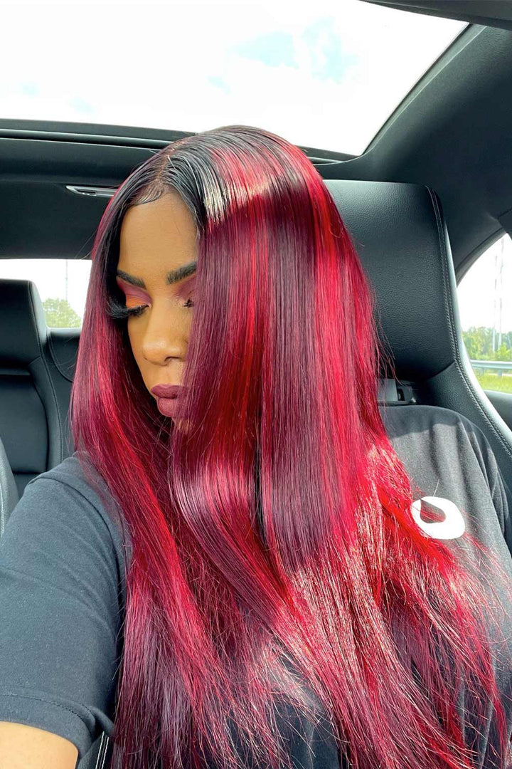 Perruque Lace Wig Hd sans colle Carly 13x6 noir rouge droite-HD56