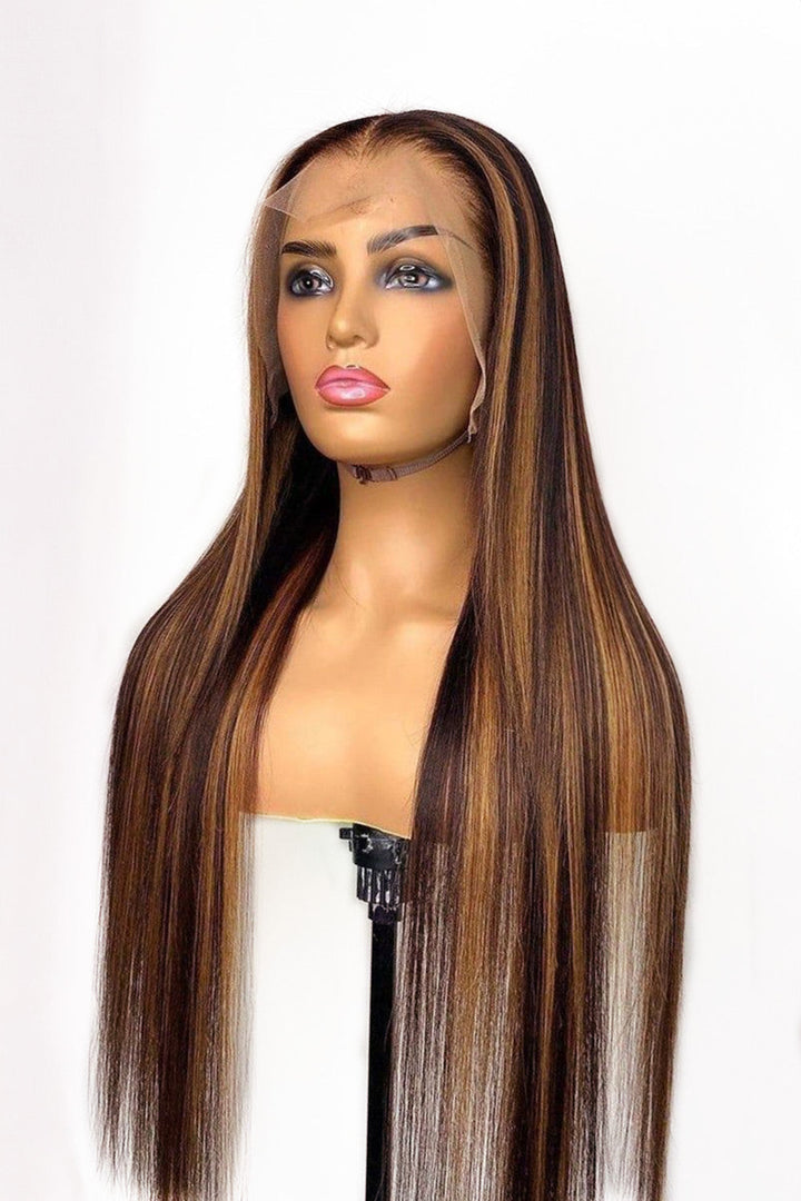 13x6 Klebstofflose HD Gerade Spitze Front Braun Perücke mit Blond Highlights