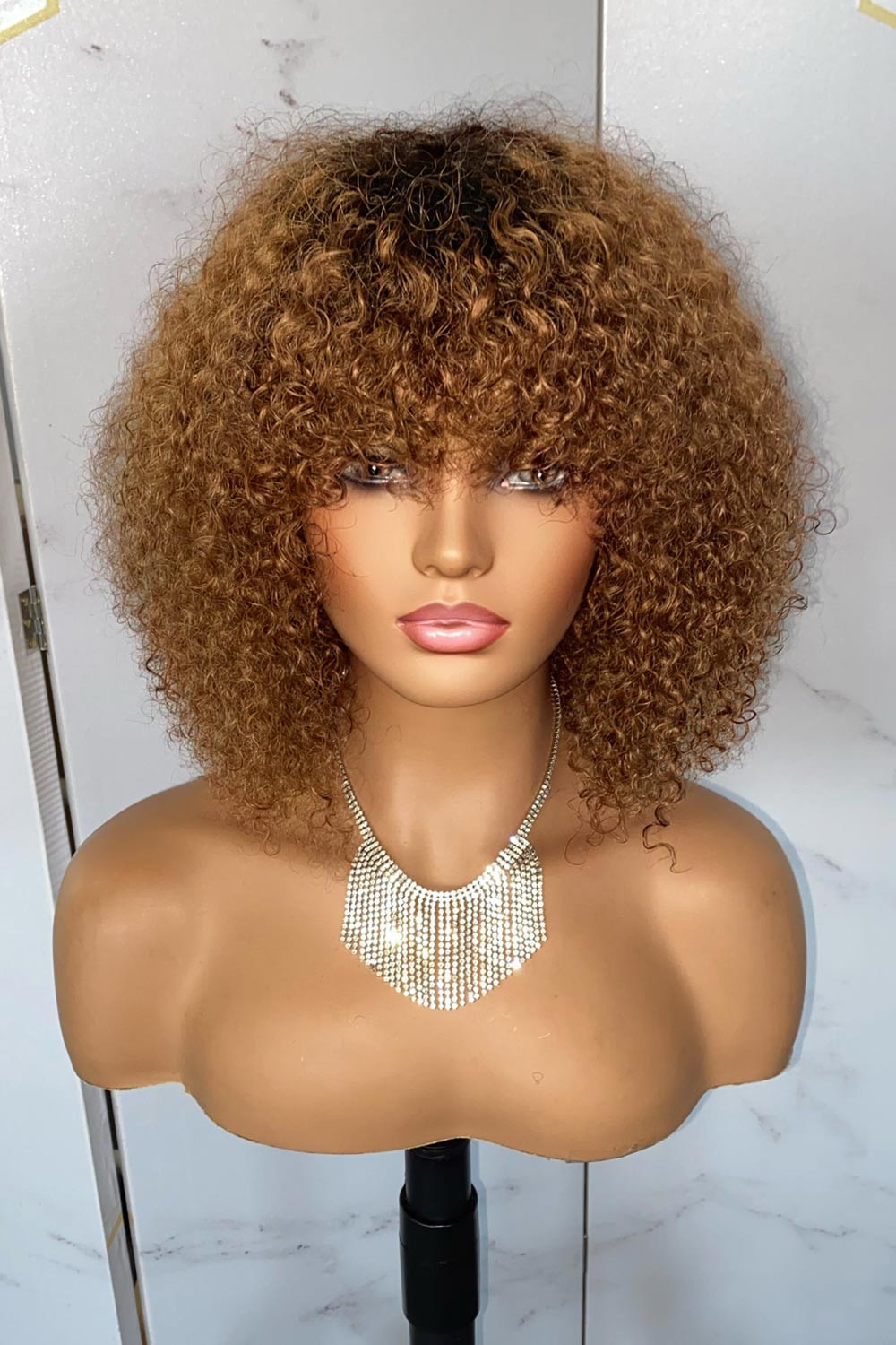 Jerry Curly Non Lace Scalp Top Human Hair Wigs with Bang MM17-2
