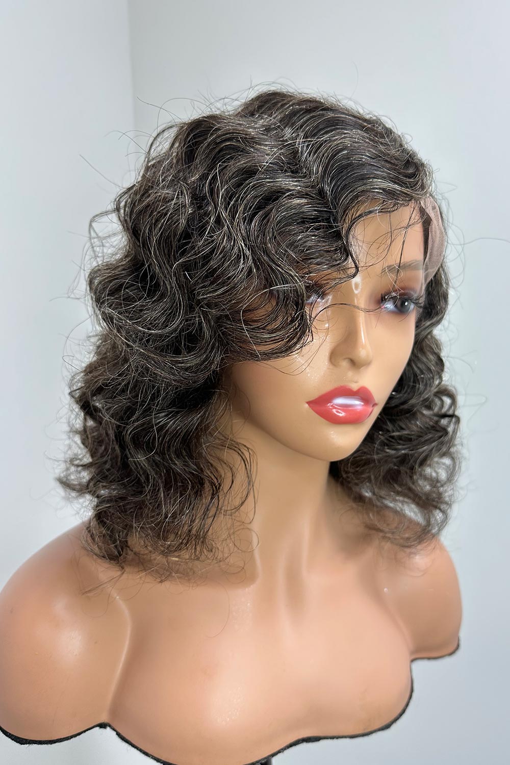 Designer Wigs-Salt & Pepper Mix Grey Color Loose Wavy Bob HD Lace Glueless Wigs
