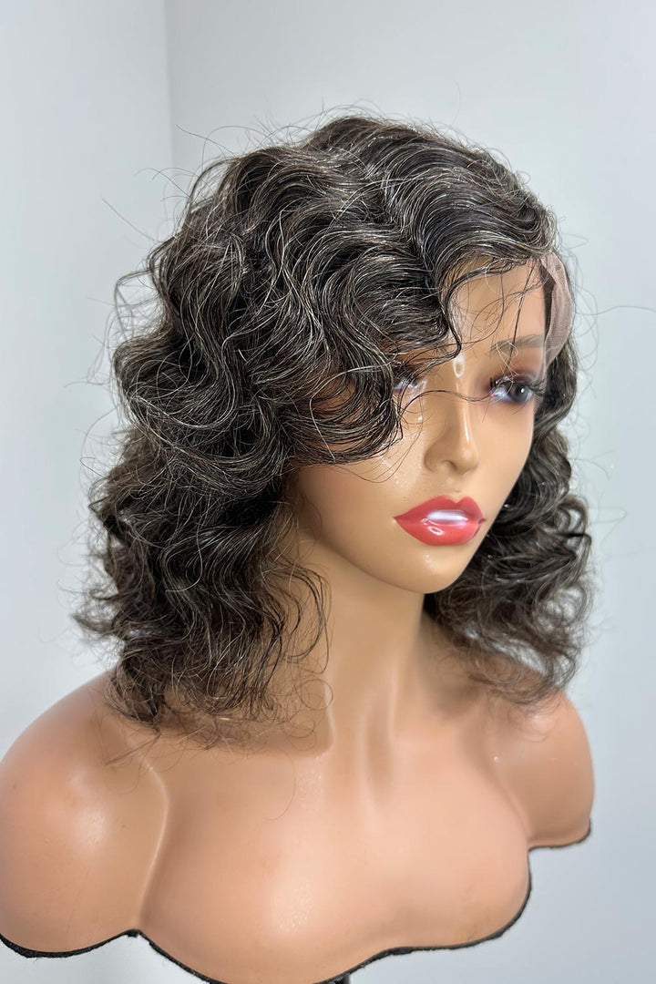 Designer Wigs-Salt & Pepper Mix Grey Color Loose Wavy Bob HD Lace Glueless Wigs