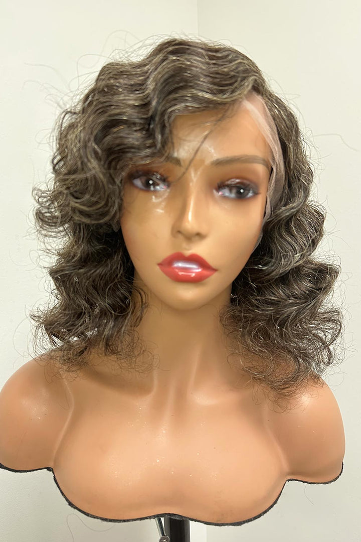 Designer Wigs-Salt & Pepper Mix Grey Color Loose Wavy Bob HD Lace Glueless Wigs