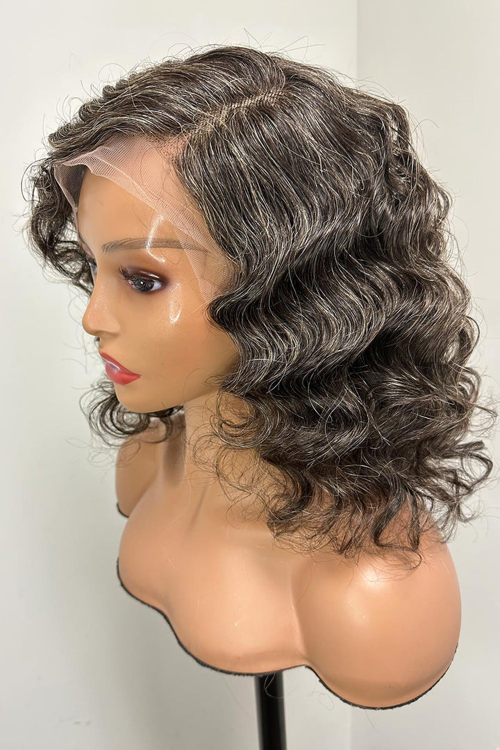 Designer Wigs-Salt & Pepper Mix Grey Color Loose Wavy Bob HD Lace Glueless Wigs