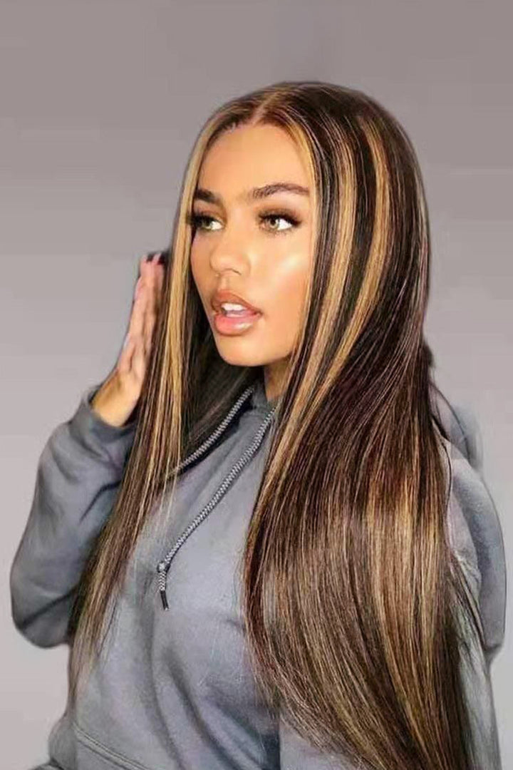 13x6 Klebstofflose HD Gerade Spitze Front Braun Perücke mit Blond Highlights