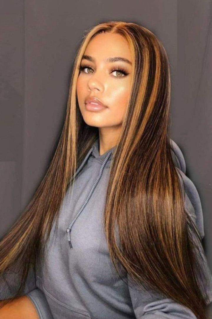 13x6 Klebstofflose HD Gerade Spitze Front Braun Perücke mit Blond Highlights