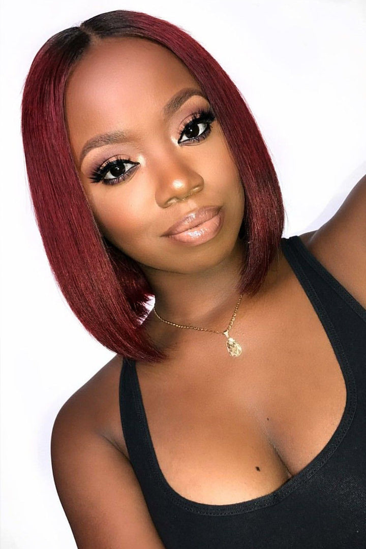 13x6 1B/Red Dark Root Lace Front Wig Straight Bob Human Hair PB54