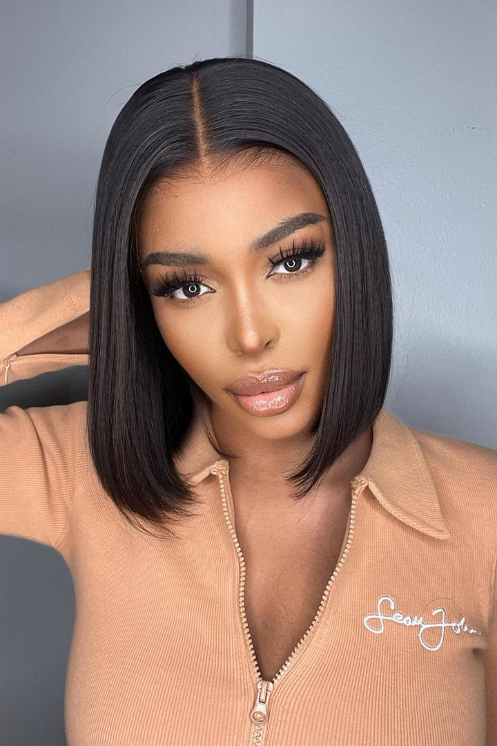Klebstofffreie HD Spitze Front Kurze Perücke Schwarz Blunt Cut Bob Gefälschte Kopfhaut